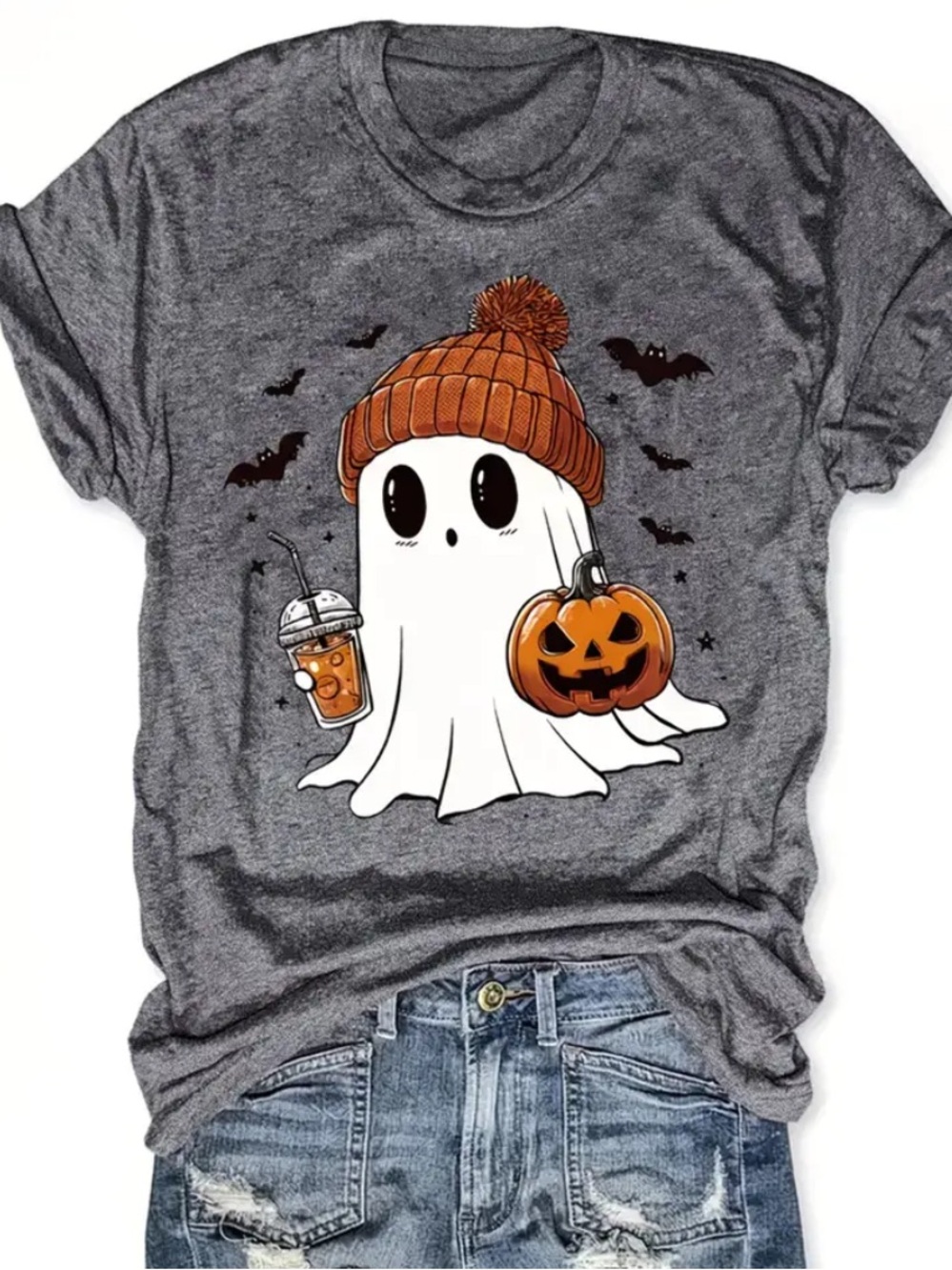 Halloween Cute Ghost Graphic Print Shirt in Dark Heather Grey